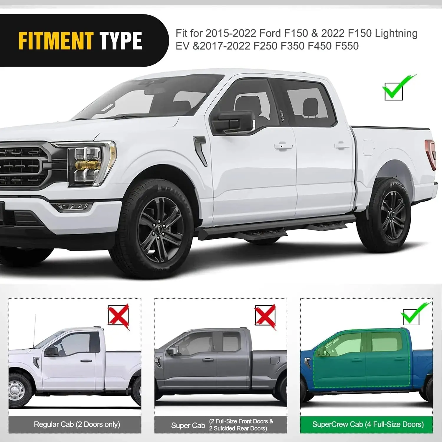 2015-2022 Ford F150 | 2022 F150 Lightning EV | 2017-2022 F250 F350 F450 F550 SuperCrew Cab Running Boards