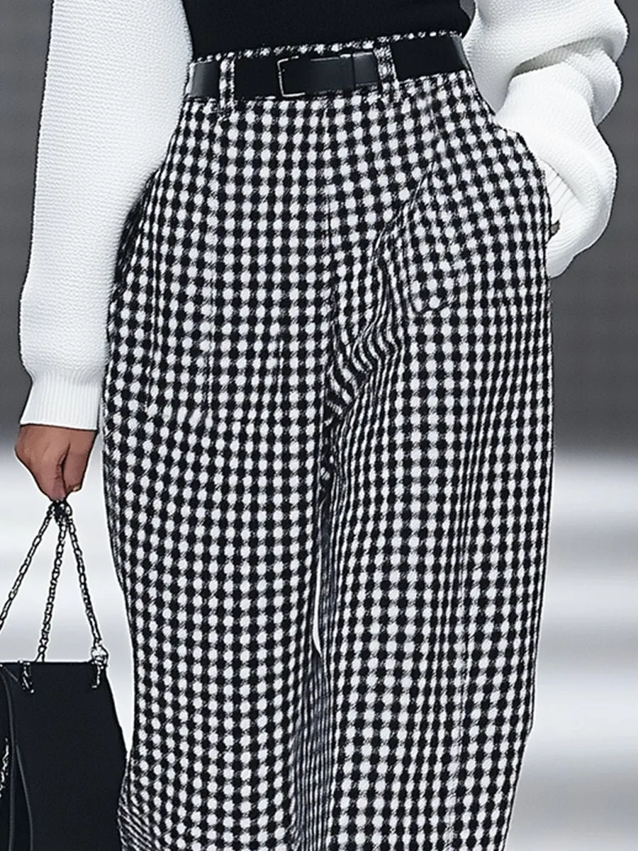 【24-hour shipping】Fashion Retro Houndstooth Pocket Straight Pants