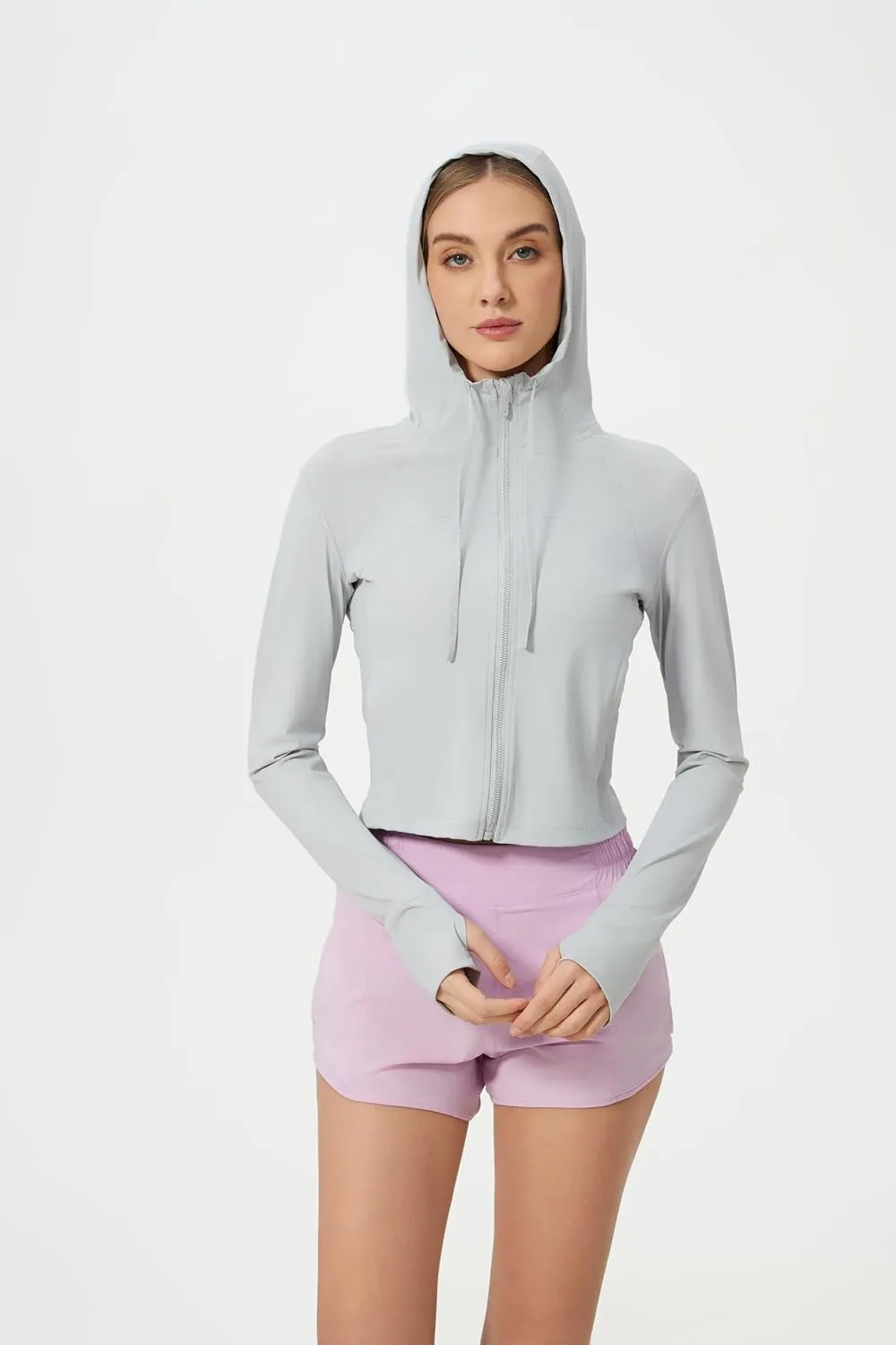 altiland Lightweight Workout Hooded Jacket for Women, UPF 50  Cropped Full Zip Athletic Gym Running Jackets with Thumb Holes