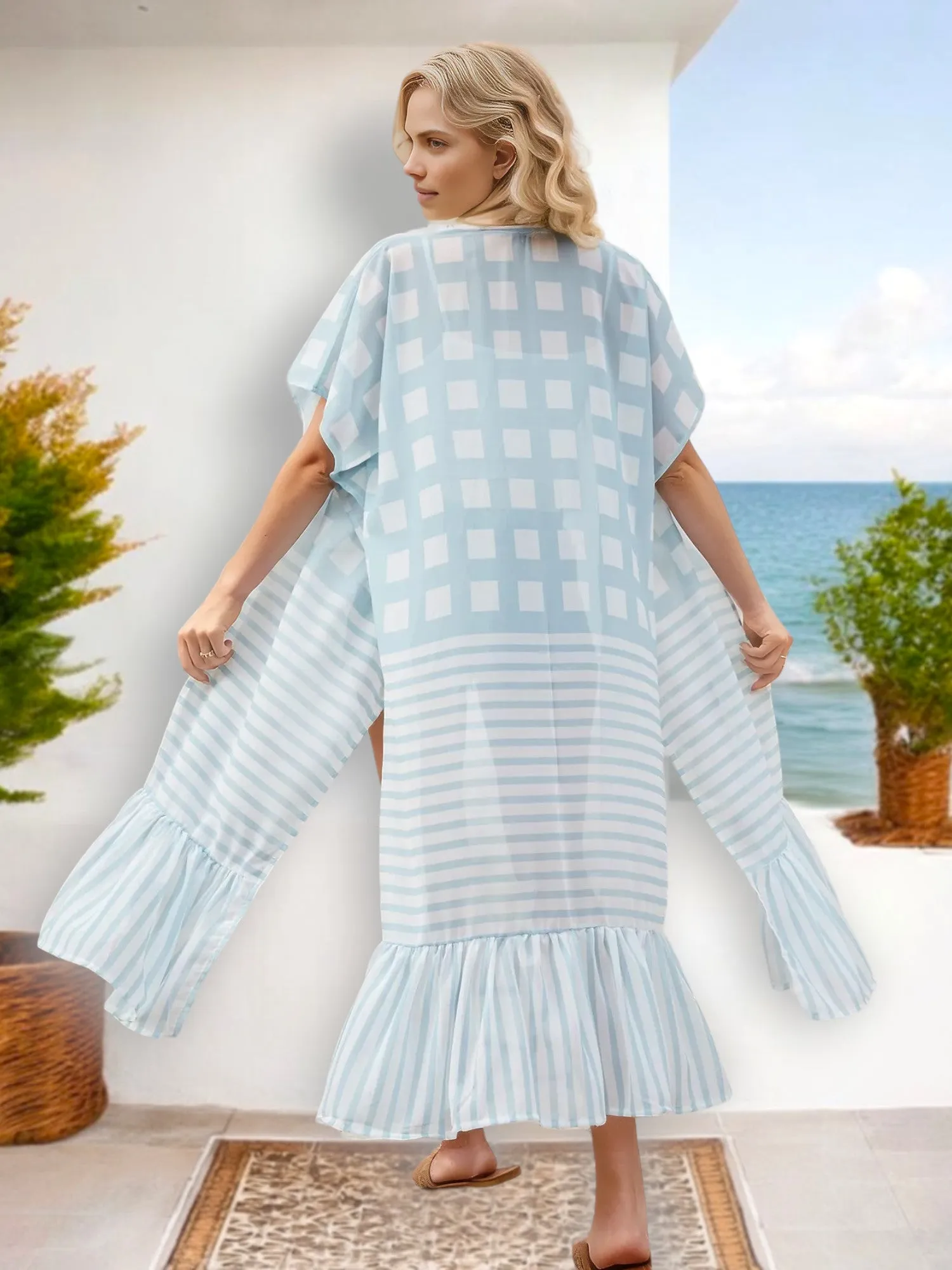 Anna-Kaci Women's Light Blue Geometric Print Kimono Cover Up with Ruffle Hem