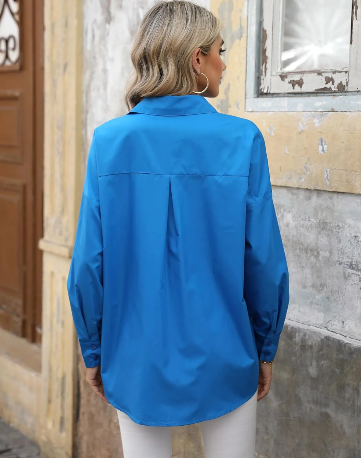 Atnlewhi Womens Oversized Button Down Shirts Casual Work Long Sleeve Boyfriend Blouse Dressy Summer Tops