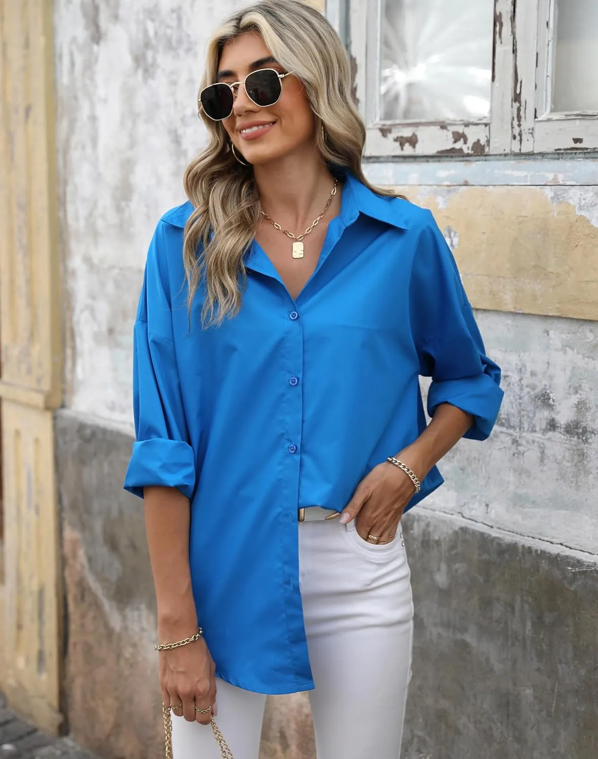 Atnlewhi Womens Oversized Button Down Shirts Casual Work Long Sleeve Boyfriend Blouse Dressy Summer Tops