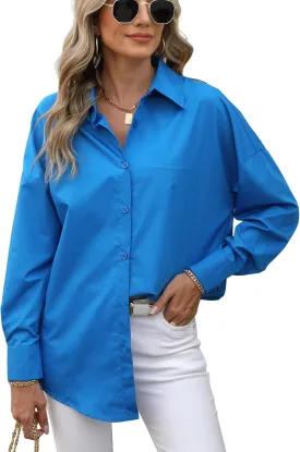 Atnlewhi Womens Oversized Button Down Shirts Casual Work Long Sleeve Boyfriend Blouse Dressy Summer Tops