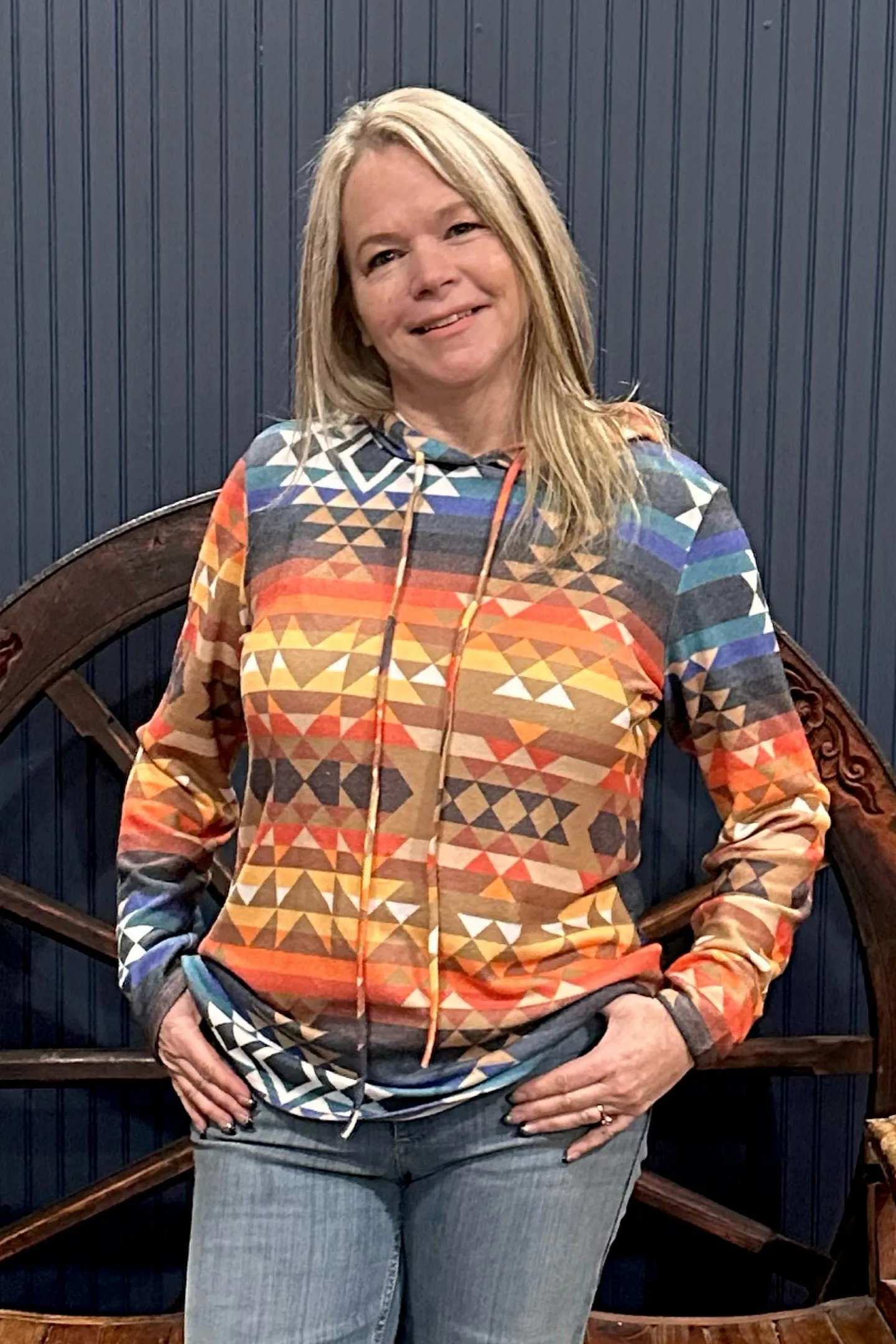 Aztec Print Relaxed Fit Ultra Soft Hoodie Rust/Mocha