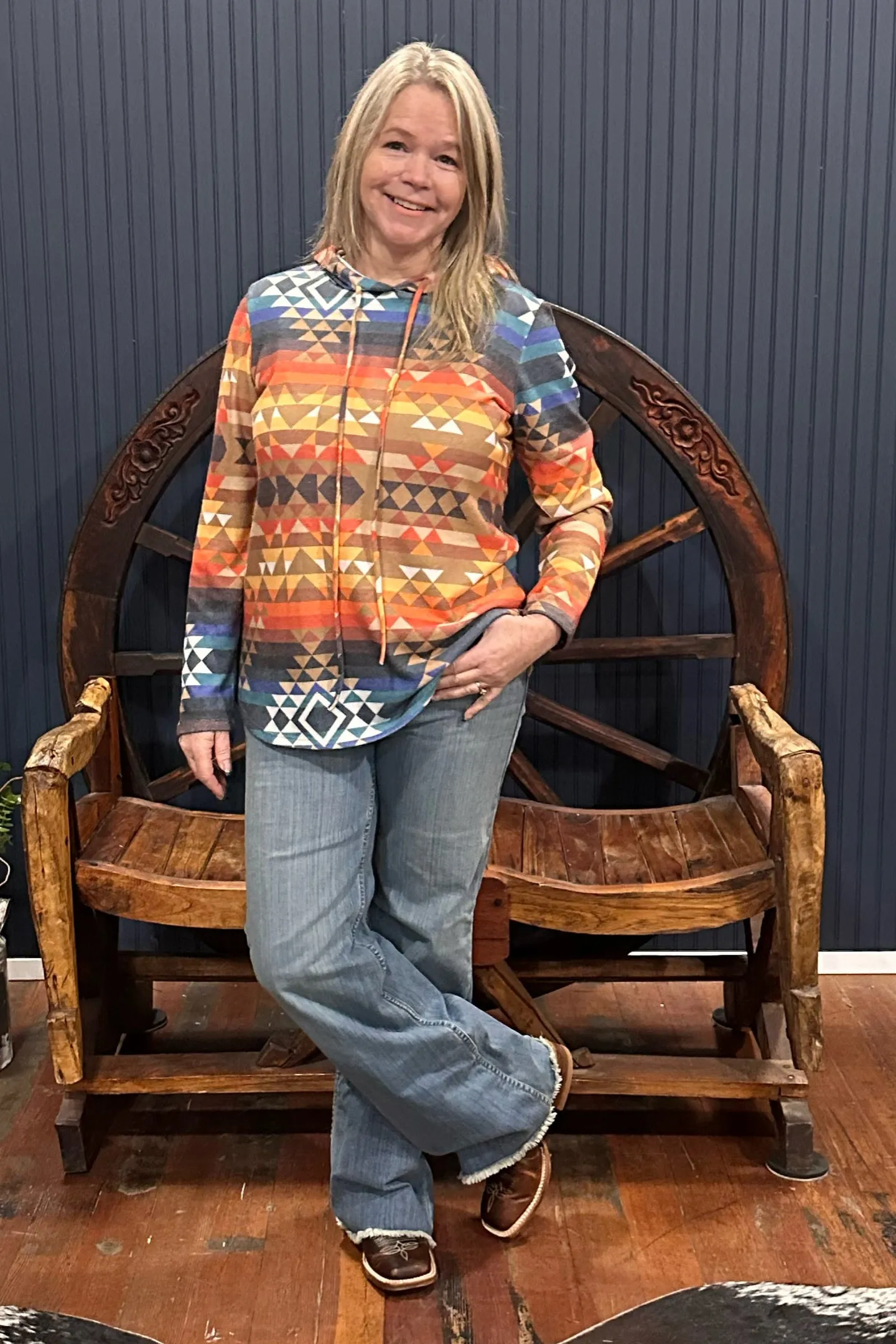 Aztec Print Relaxed Fit Ultra Soft Hoodie Rust/Mocha