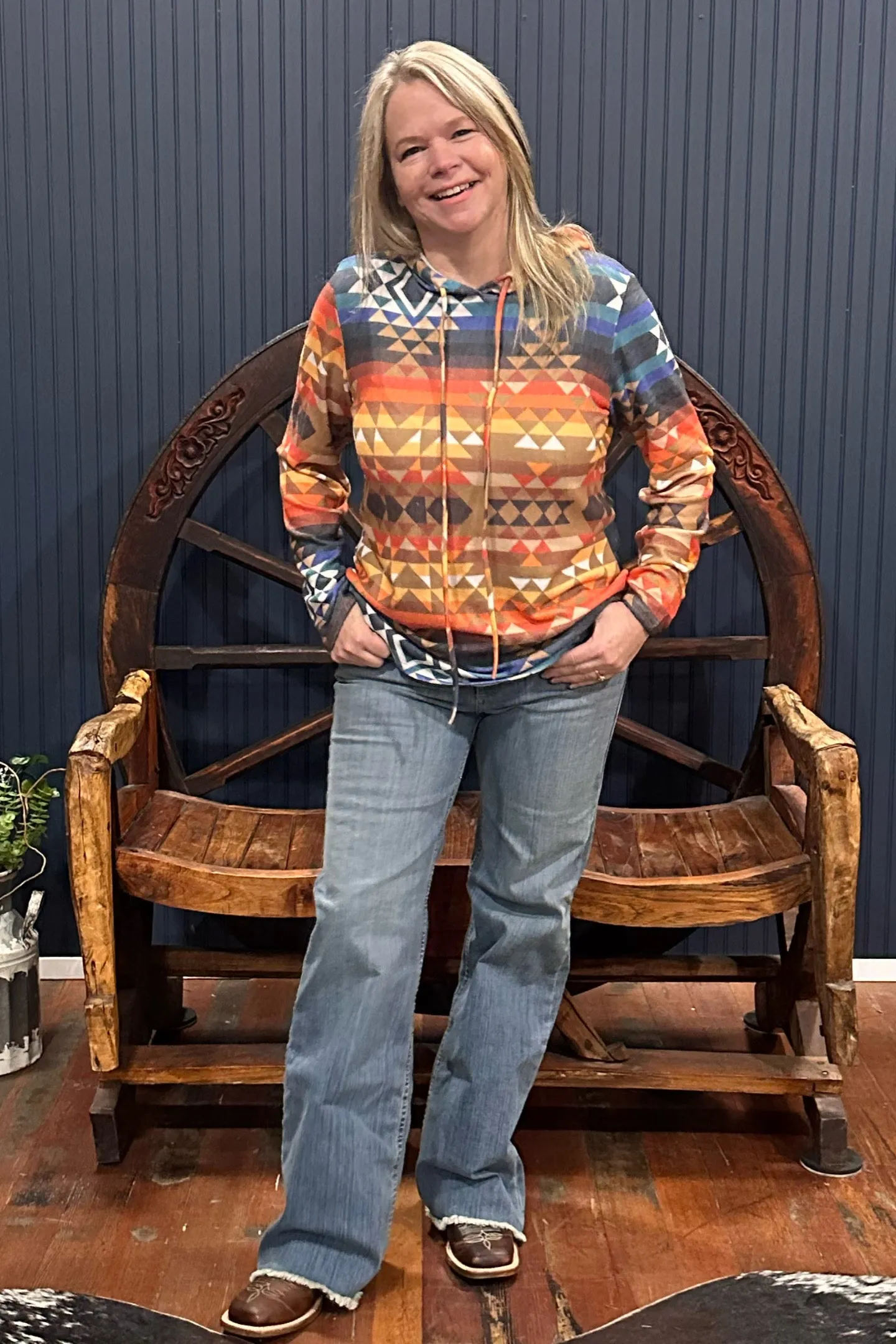 Aztec Print Relaxed Fit Ultra Soft Hoodie Rust/Mocha