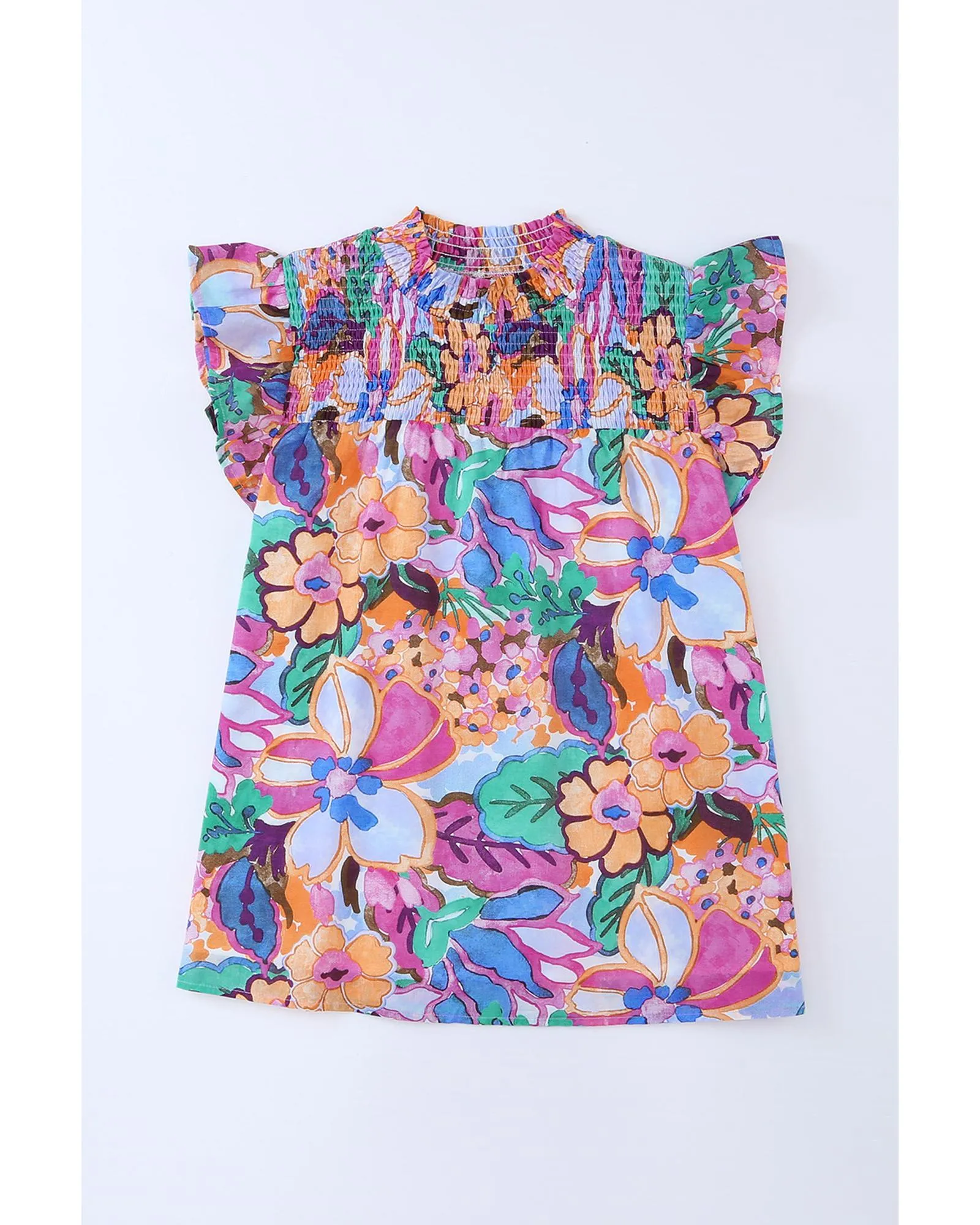Azura Exchange Flutter Sleeves Smocked Neck Blouse with Floral Print - L