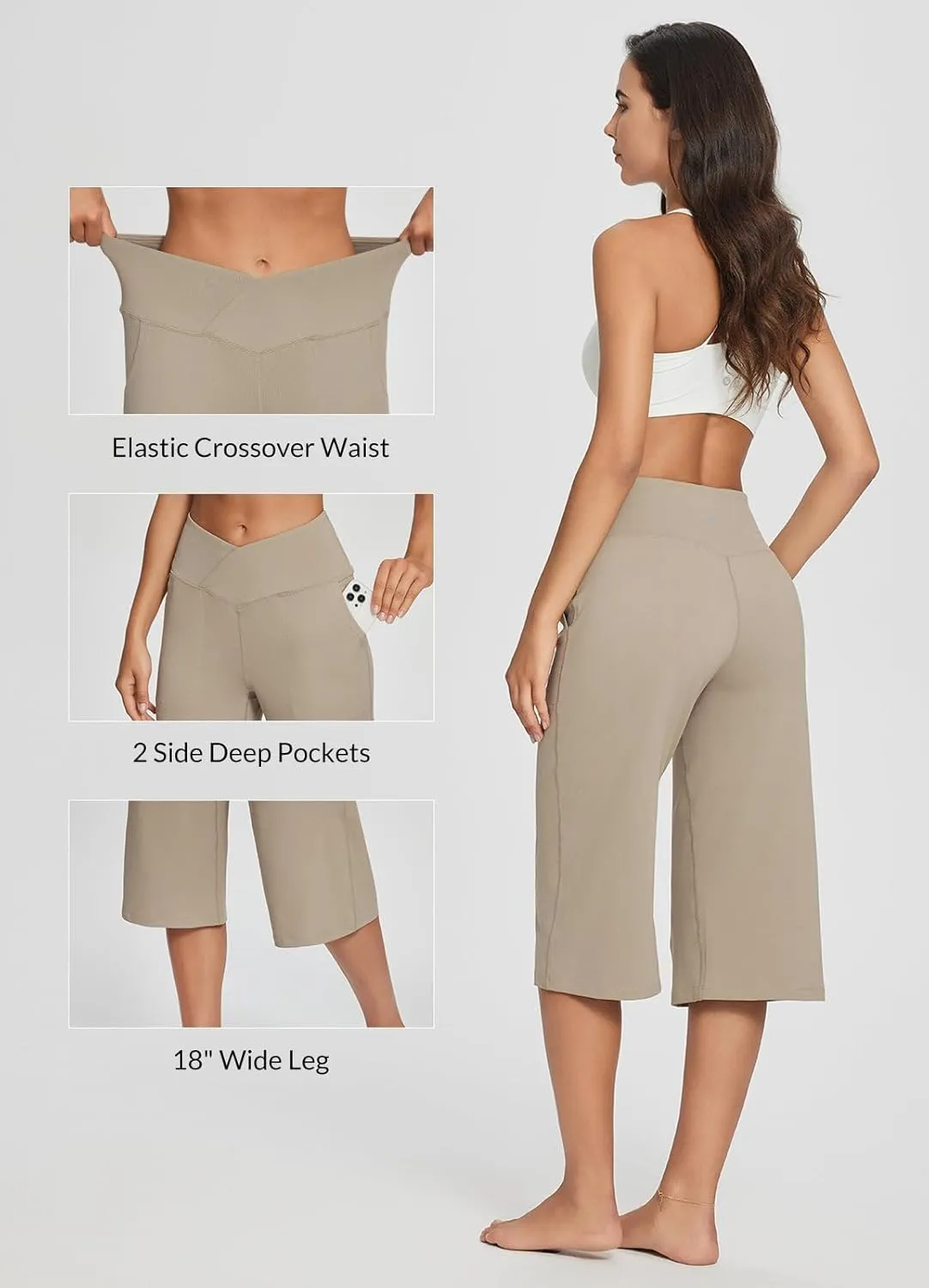 baleaf Women's Wide Leg Yoga Capris Pants with Pockets Crossover Waist Loose Plus Size Cropped Pants Casual Summer