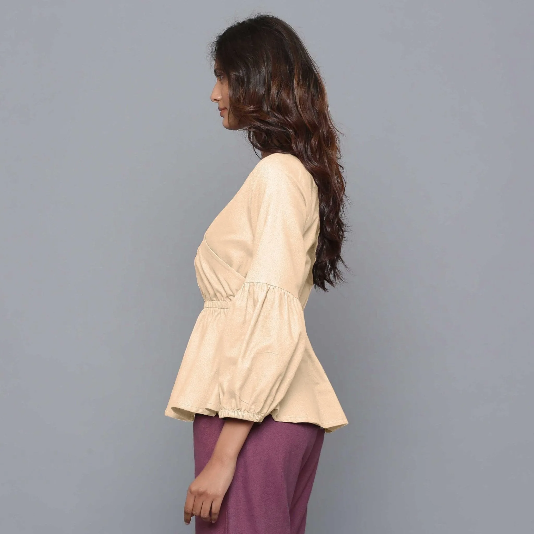 Beige Warm Cotton Flannel Elasticated Wrap Top