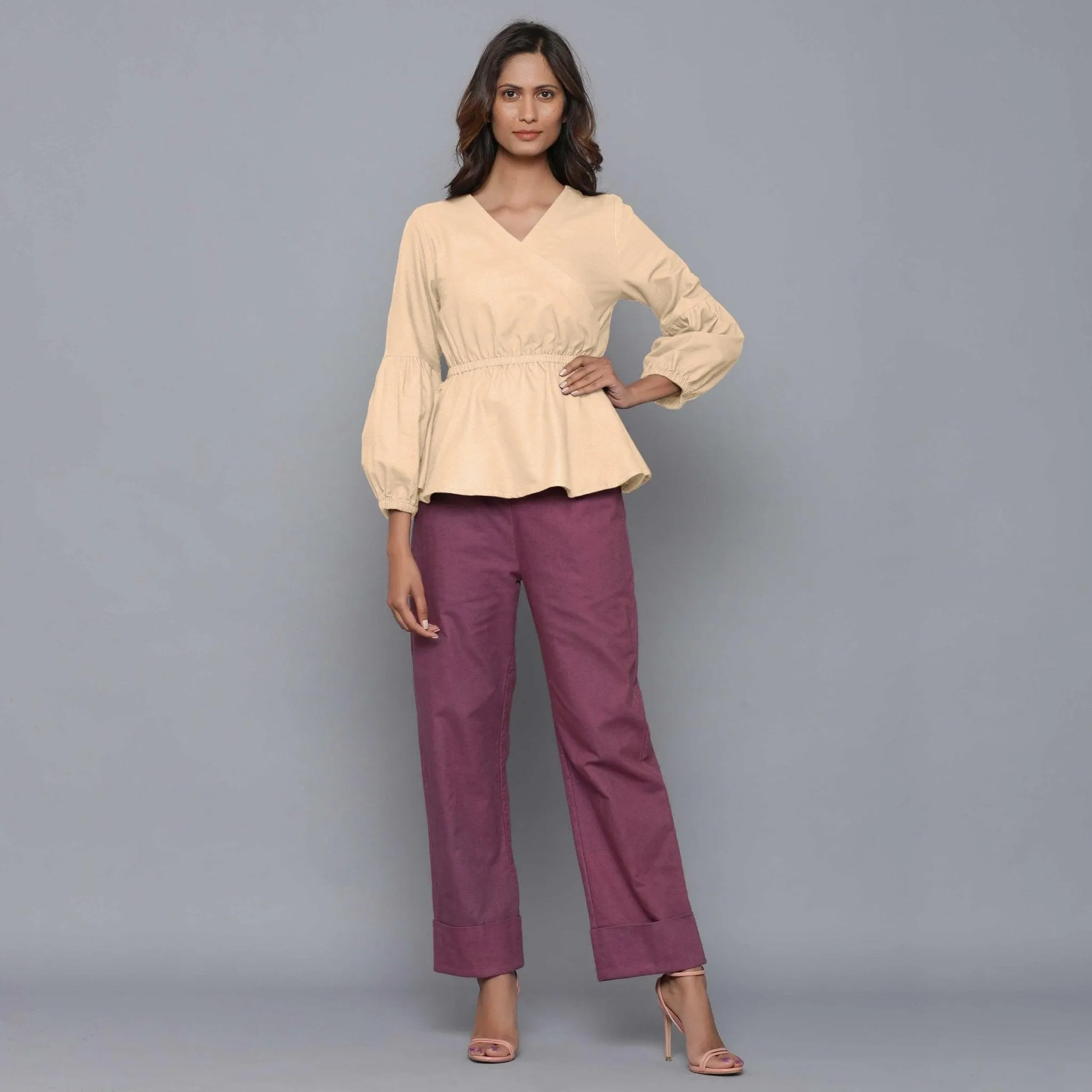 Beige Warm Cotton Flannel Elasticated Wrap Top