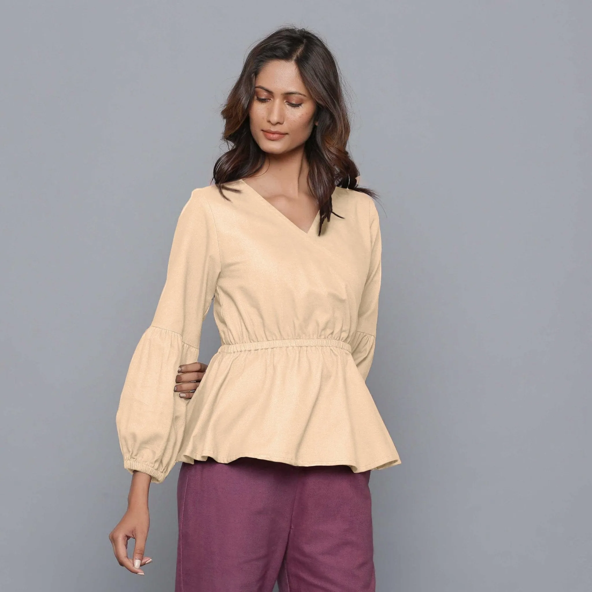 Beige Warm Cotton Flannel Elasticated Wrap Top