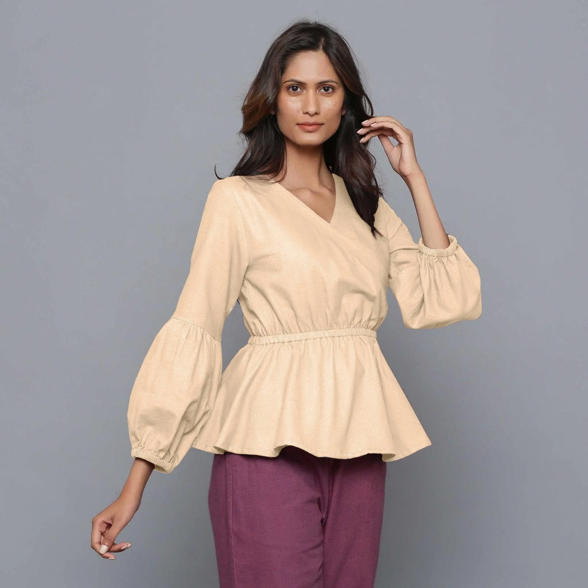 Beige Warm Cotton Flannel Elasticated Wrap Top