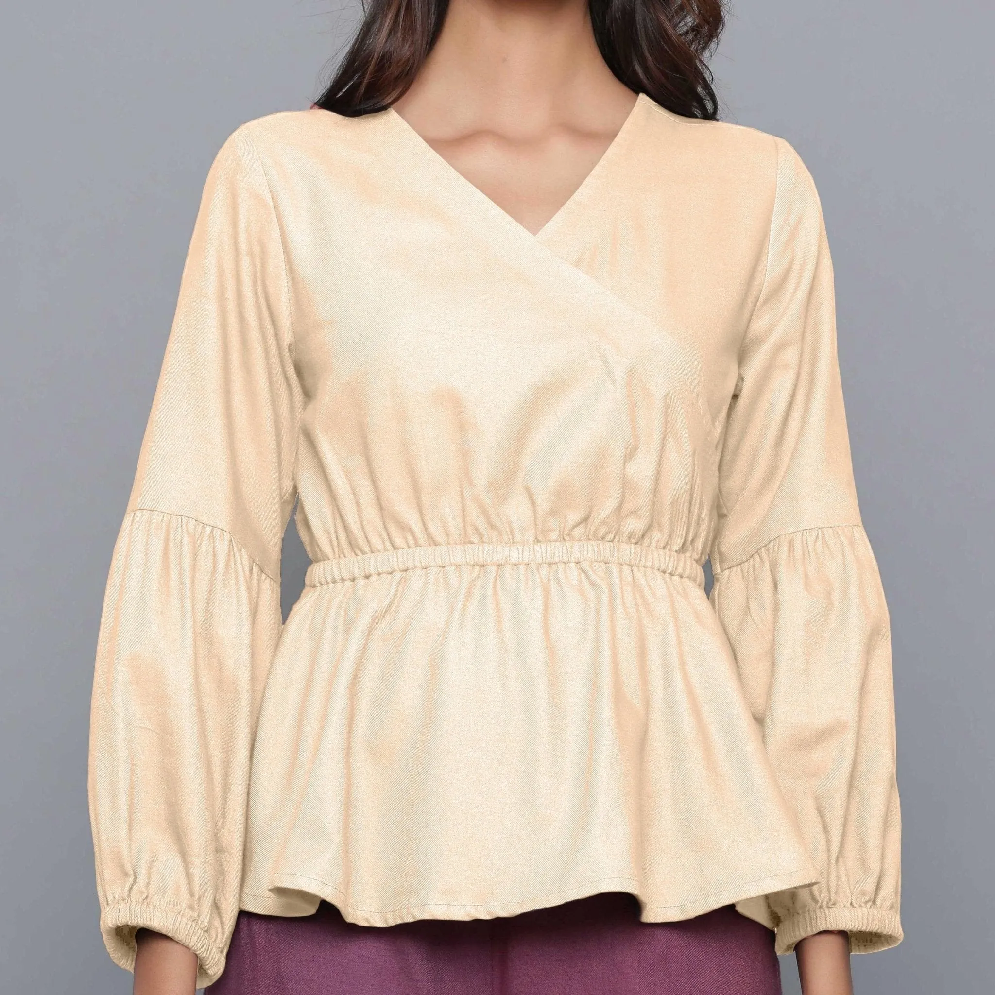Beige Warm Cotton Flannel Elasticated Wrap Top