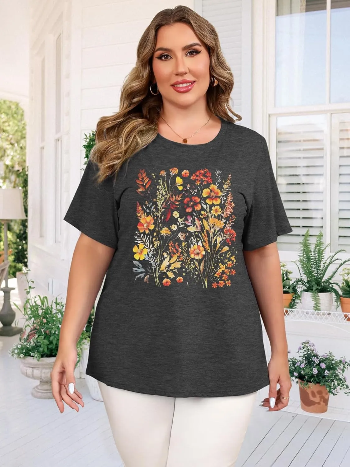 Binshre Plus Size Tops for Women Cute Graphic Tees Loose Fit Flower Printing Short Sleeve Crew Neck T Shirts