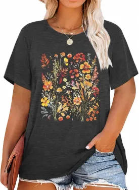 Binshre Plus Size Tops for Women Cute Graphic Tees Loose Fit Flower Printing Short Sleeve Crew Neck T Shirts