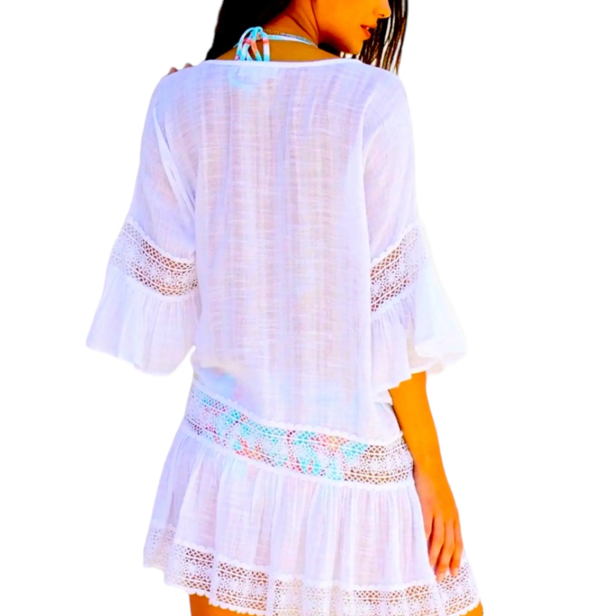 Boho White Crochet Bell Sleeve Beach Tunic