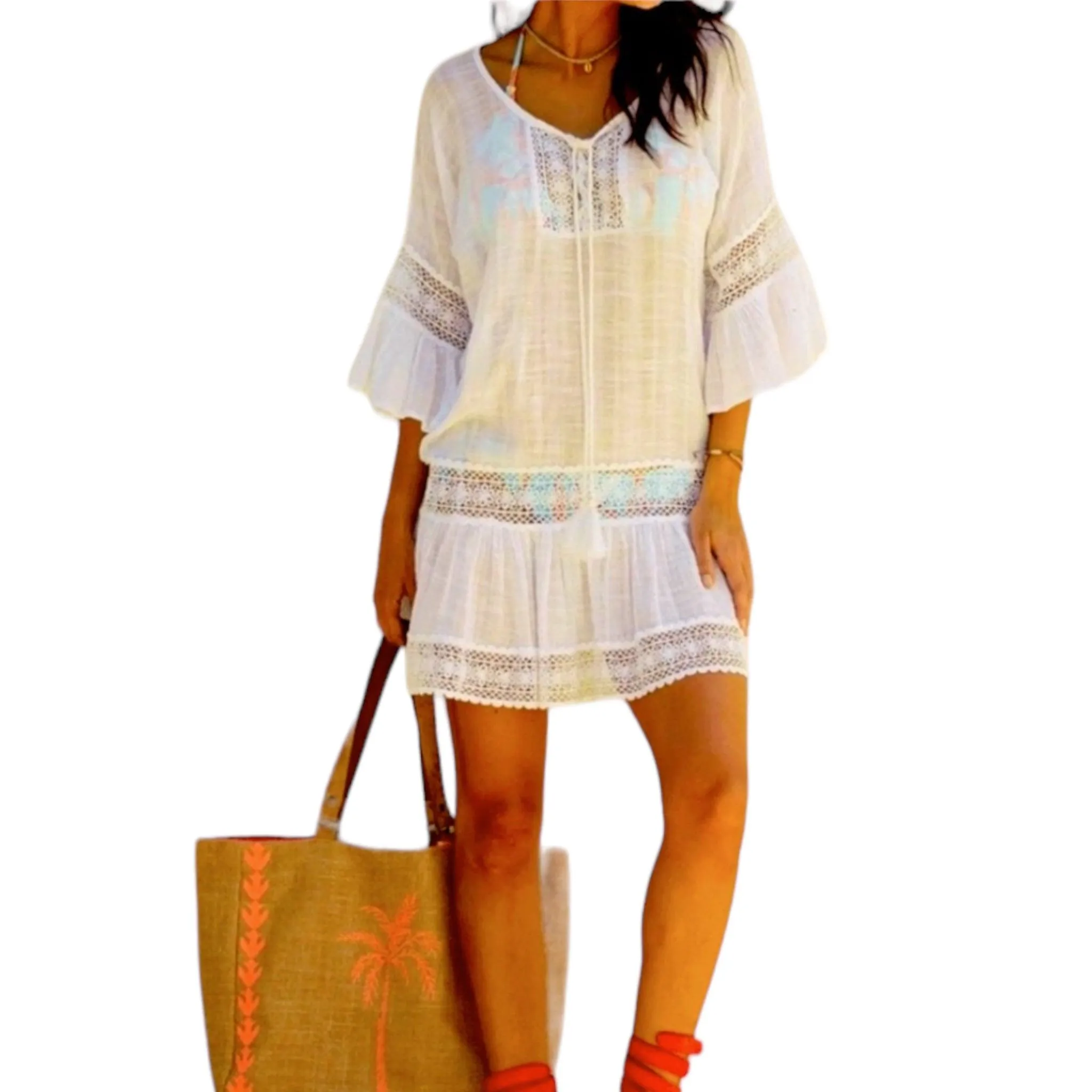 Boho White Crochet Bell Sleeve Beach Tunic