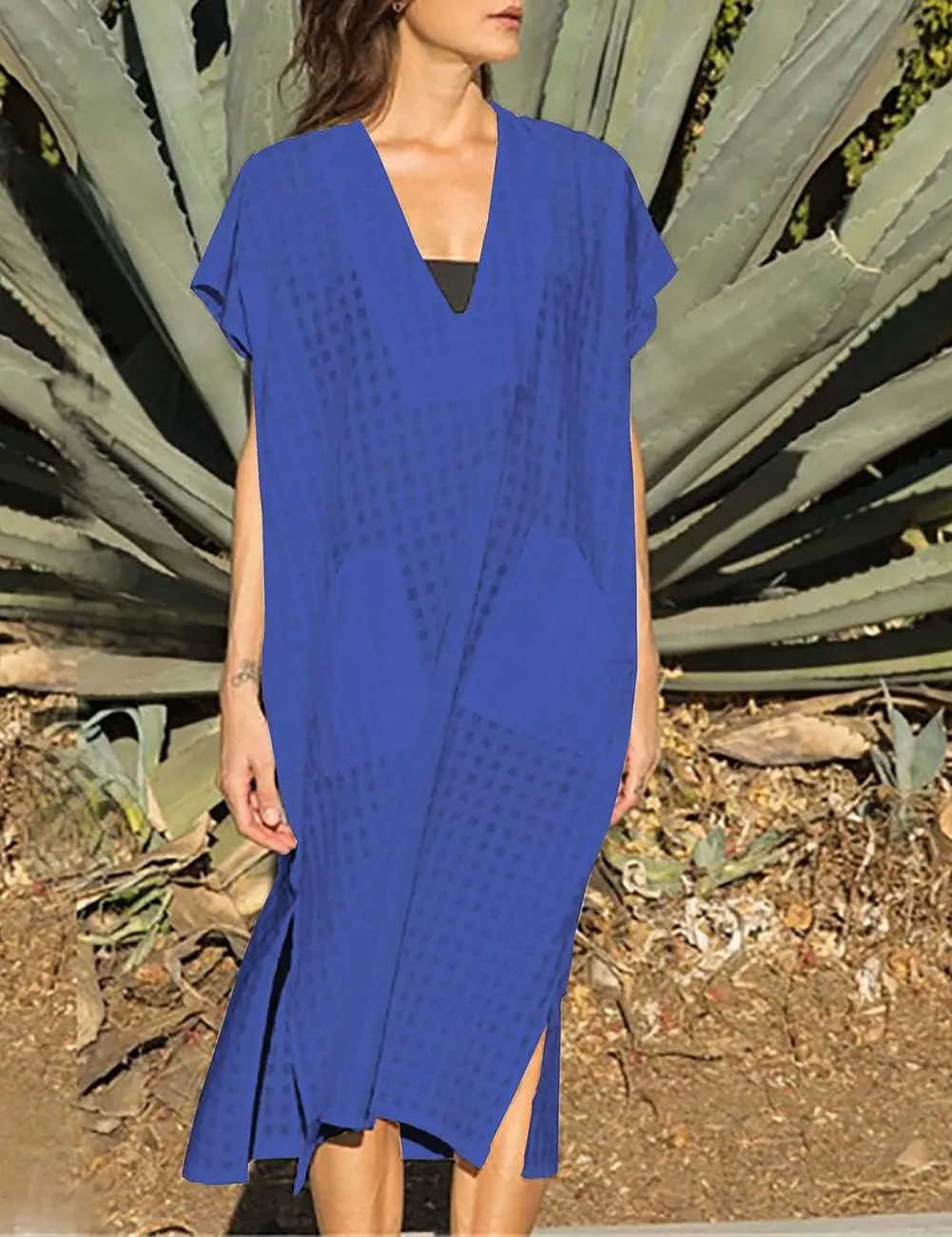 Bsubseach Women Plaid Swimsuit Cover Up V Neck Kaftan Dresses Caftan Maxi Dress