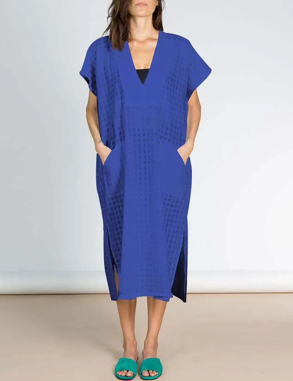 Bsubseach Women Plaid Swimsuit Cover Up V Neck Kaftan Dresses Caftan Maxi Dress