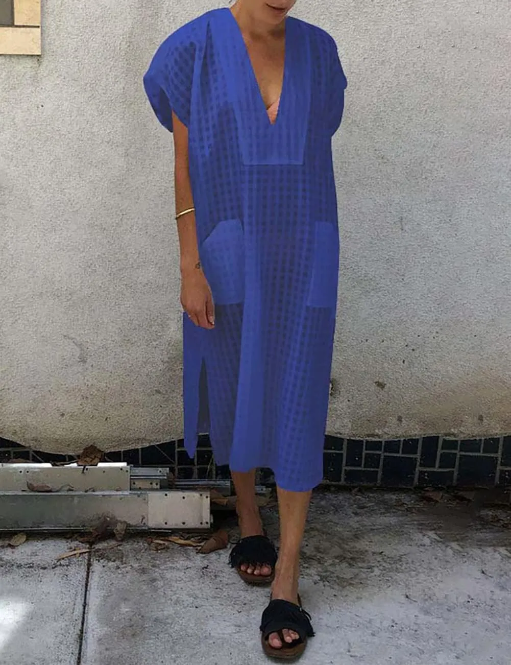 Bsubseach Women Plaid Swimsuit Cover Up V Neck Kaftan Dresses Caftan Maxi Dress