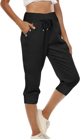 Capri Joggers for Women with Pockets High Waisted Drawstring Pants Baggy Sports Sweatpants Button Active Lounge Pants