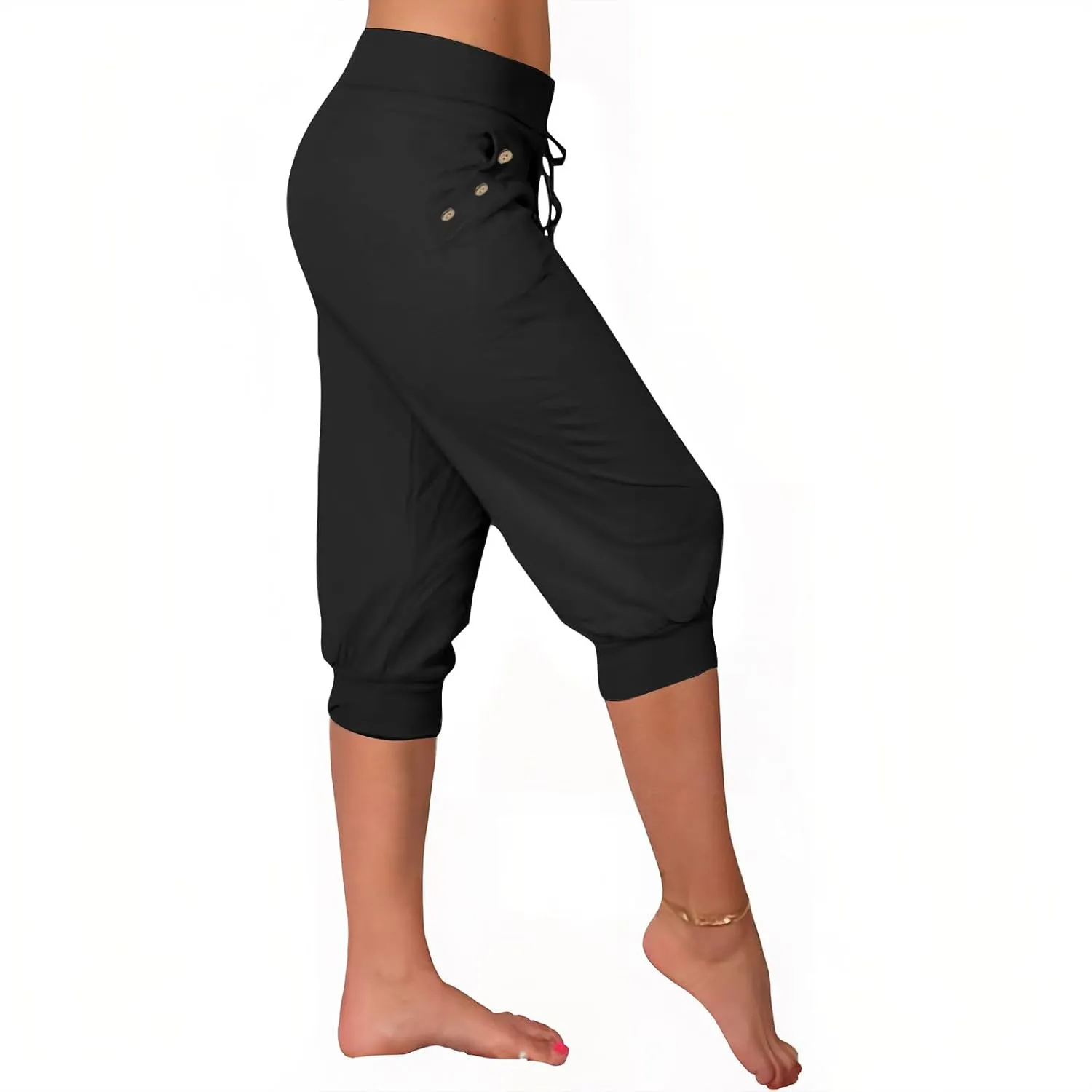 Capri Joggers for Women with Pockets High Waisted Drawstring Pants Baggy Sports Sweatpants Button Active Lounge Pants