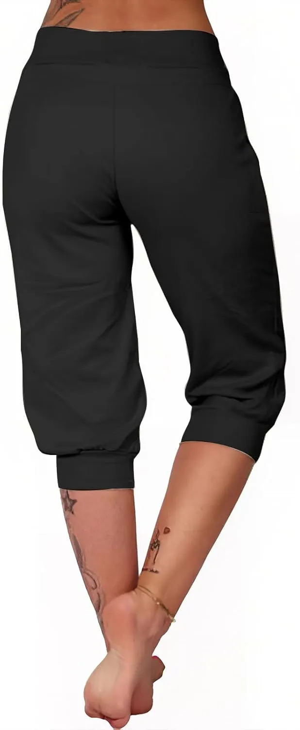 Capri Joggers for Women with Pockets High Waisted Drawstring Pants Baggy Sports Sweatpants Button Active Lounge Pants