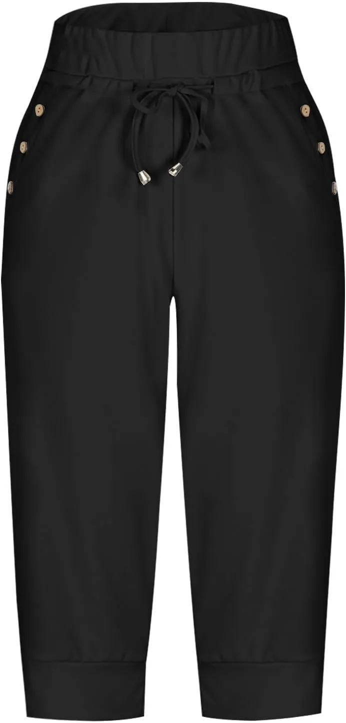 Capri Joggers for Women with Pockets High Waisted Drawstring Pants Baggy Sports Sweatpants Button Active Lounge Pants