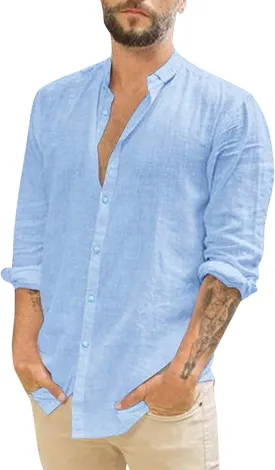 Casual Long Sleeve Linen Shirt Mens Roll Sleeve Hawaiian Wedding Camping Party T-Shirts Beach Vacation Summer Tees