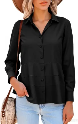 Cicy Bell Women's Button Down Shirts Collared V Neck Long Sleeve Peplum Tiered Blouse Tops