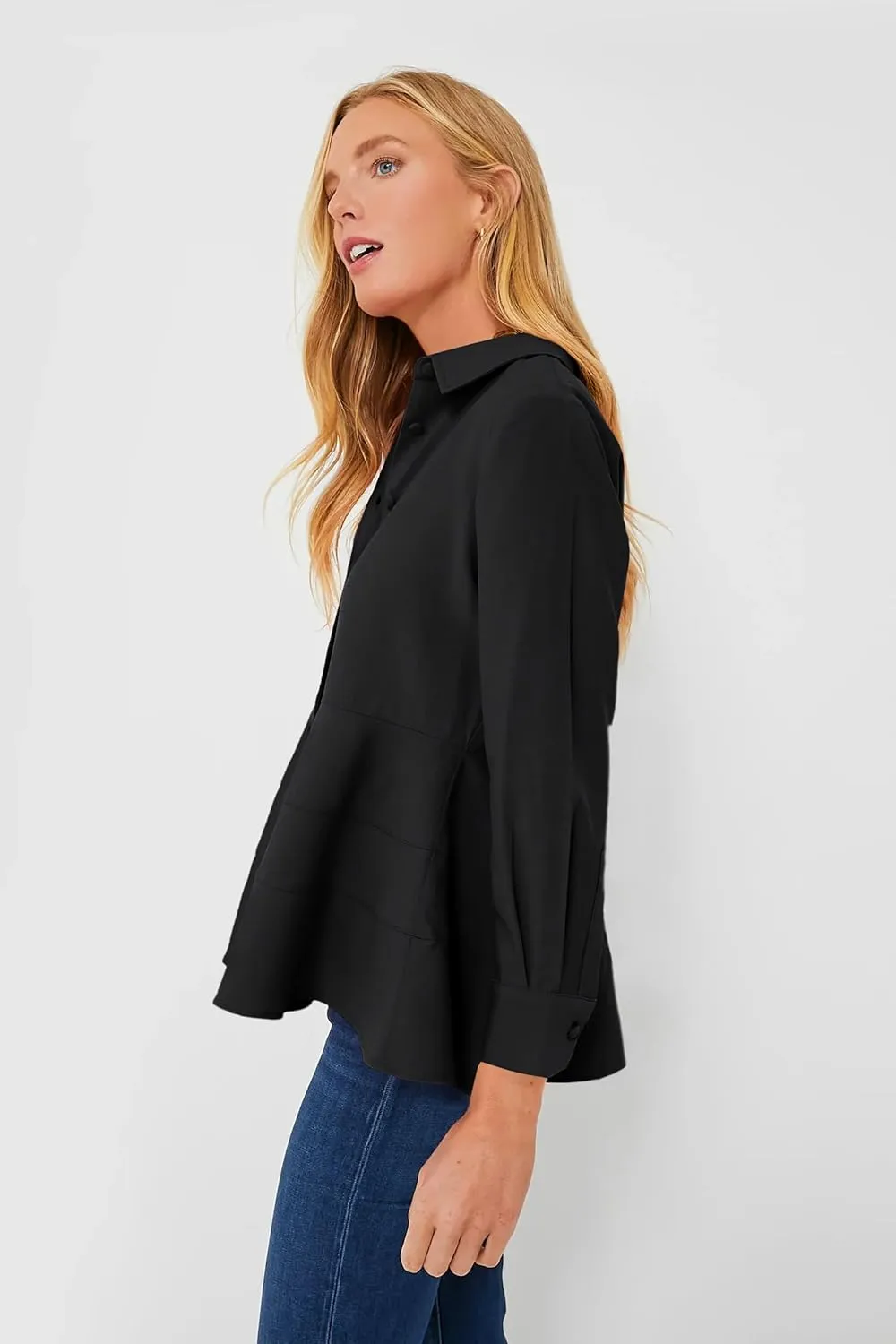 Cicy Bell Women's Button Down Shirts Collared V Neck Long Sleeve Peplum Tiered Blouse Tops