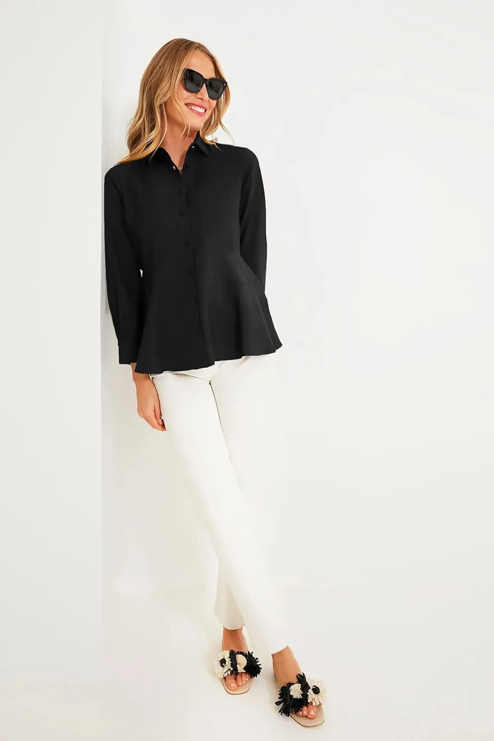 Cicy Bell Women's Button Down Shirts Collared V Neck Long Sleeve Peplum Tiered Blouse Tops