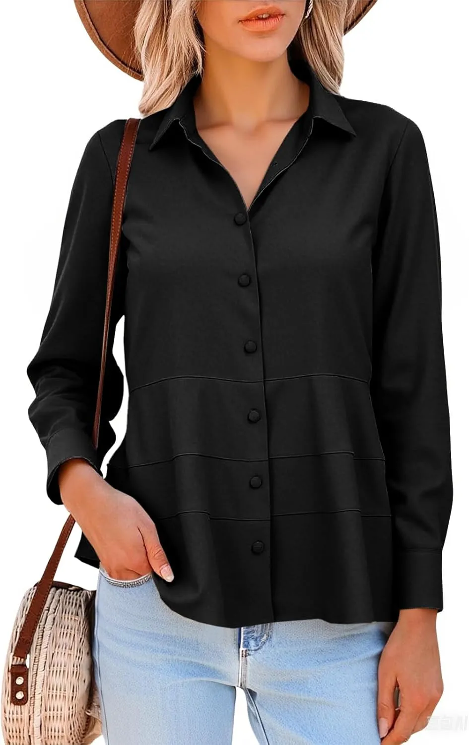 Cicy Bell Women's Button Down Shirts Collared V Neck Long Sleeve Peplum Tiered Blouse Tops