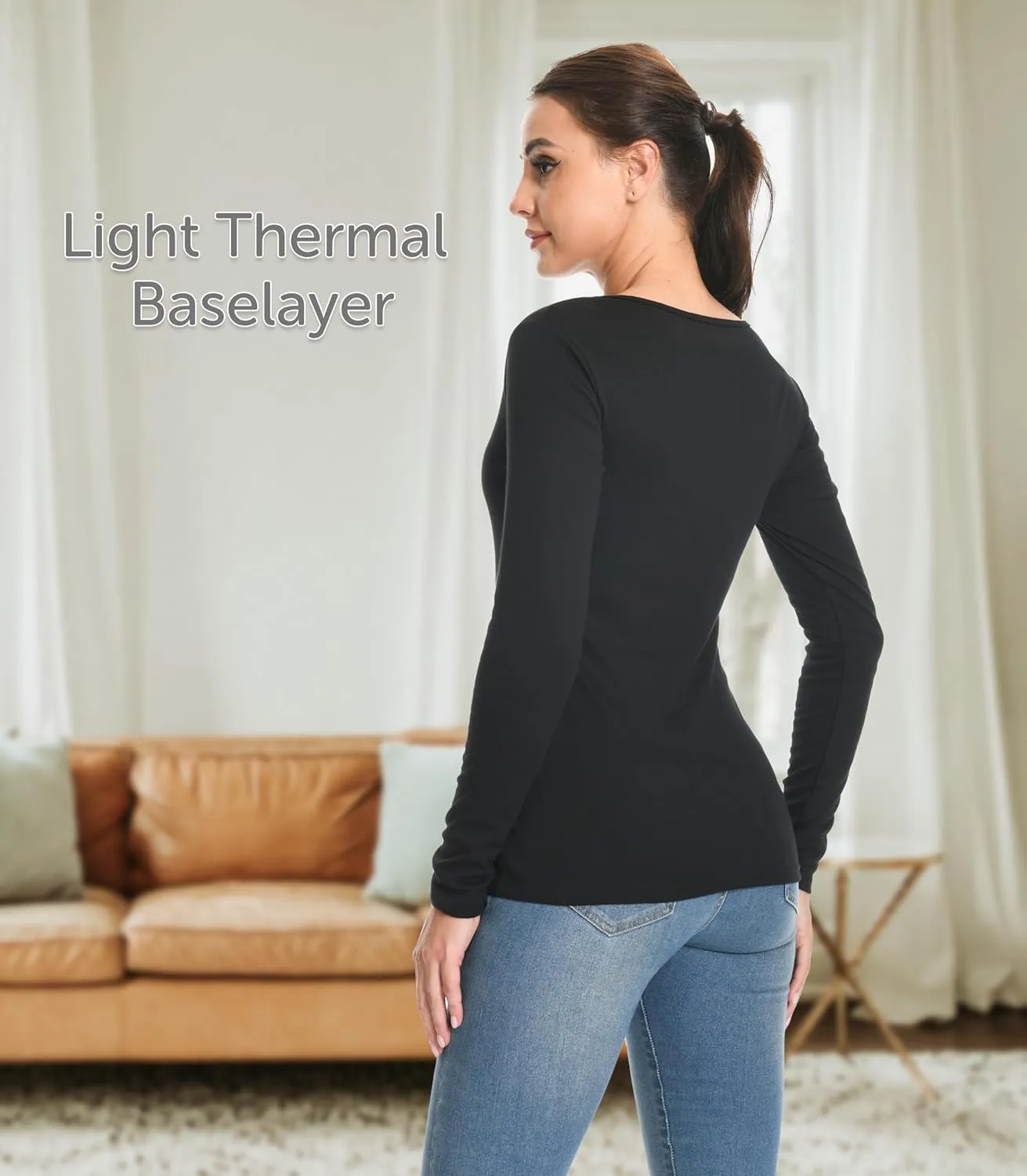 Comfneat Womens 2-Pack Pure Cotton Undershirts Long Sleeves Fitted Scoop Neck Tops Light Thermal Baselayers