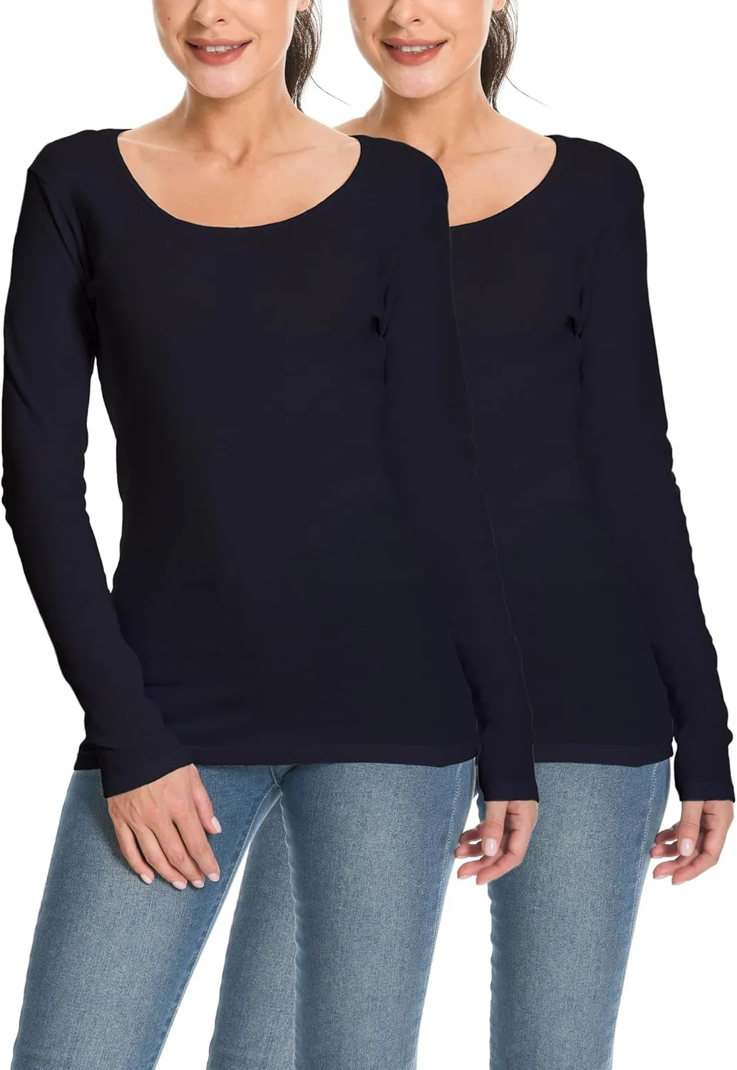Comfneat Womens 2-Pack Pure Cotton Undershirts Long Sleeves Fitted Scoop Neck Tops Light Thermal Baselayers