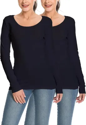 Comfneat Womens 2-Pack Pure Cotton Undershirts Long Sleeves Fitted Scoop Neck Tops Light Thermal Baselayers