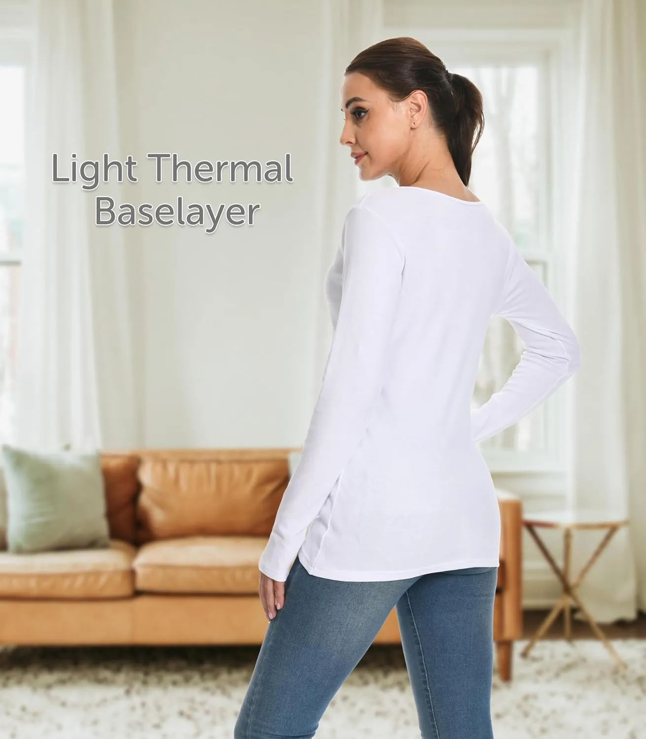 Comfneat Womens 2-Pack Pure Cotton Undershirts Long Sleeves Fitted Scoop Neck Tops Light Thermal Baselayers