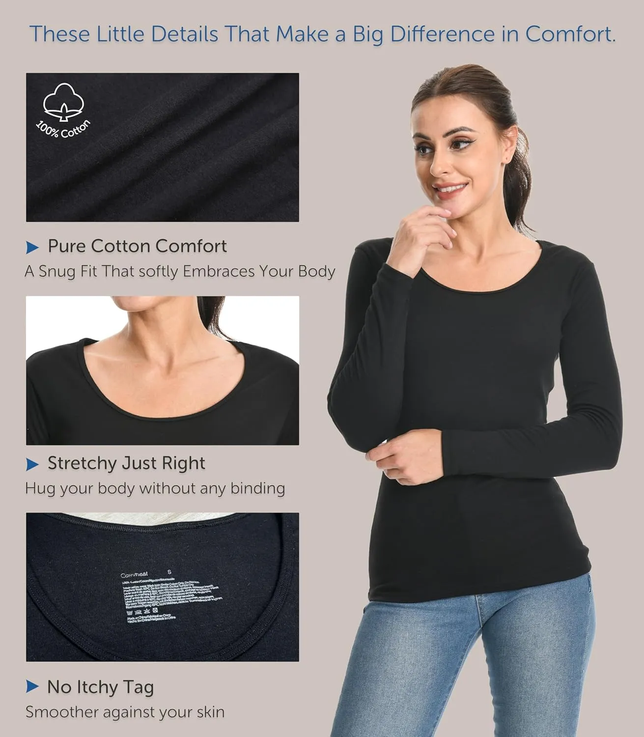 Comfneat Womens 2-Pack Pure Cotton Undershirts Long Sleeves Fitted Scoop Neck Tops Light Thermal Baselayers