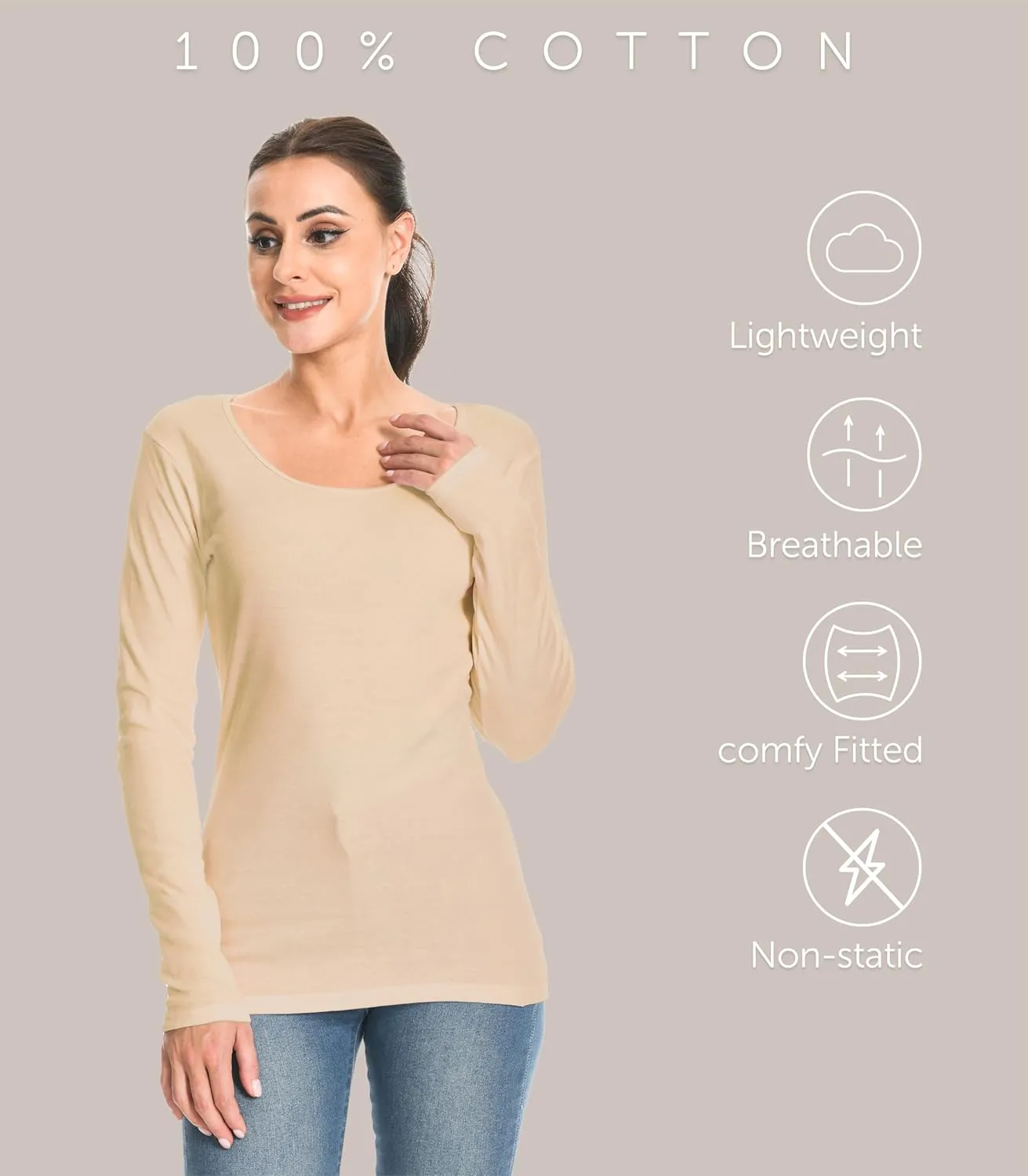 Comfneat Womens 2-Pack Pure Cotton Undershirts Long Sleeves Fitted Scoop Neck Tops Light Thermal Baselayers