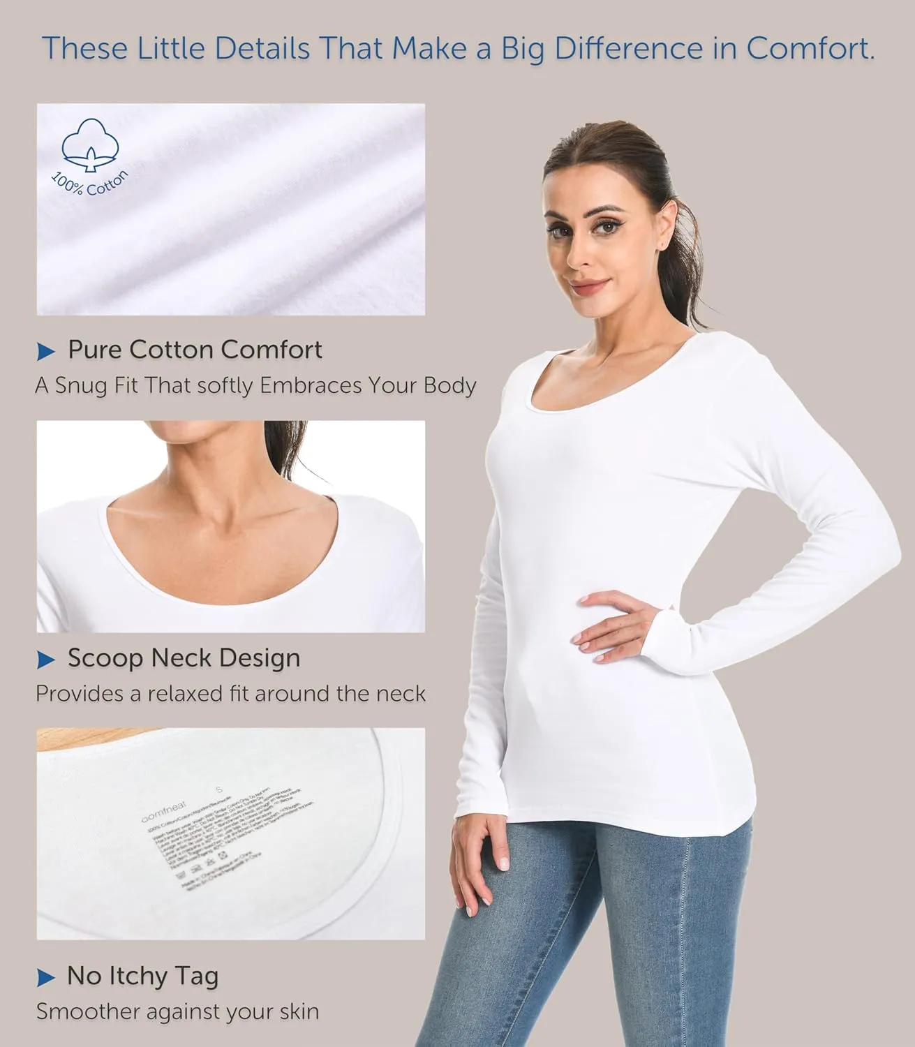 Comfneat Womens 2-Pack Pure Cotton Undershirts Long Sleeves Fitted Scoop Neck Tops Light Thermal Baselayers