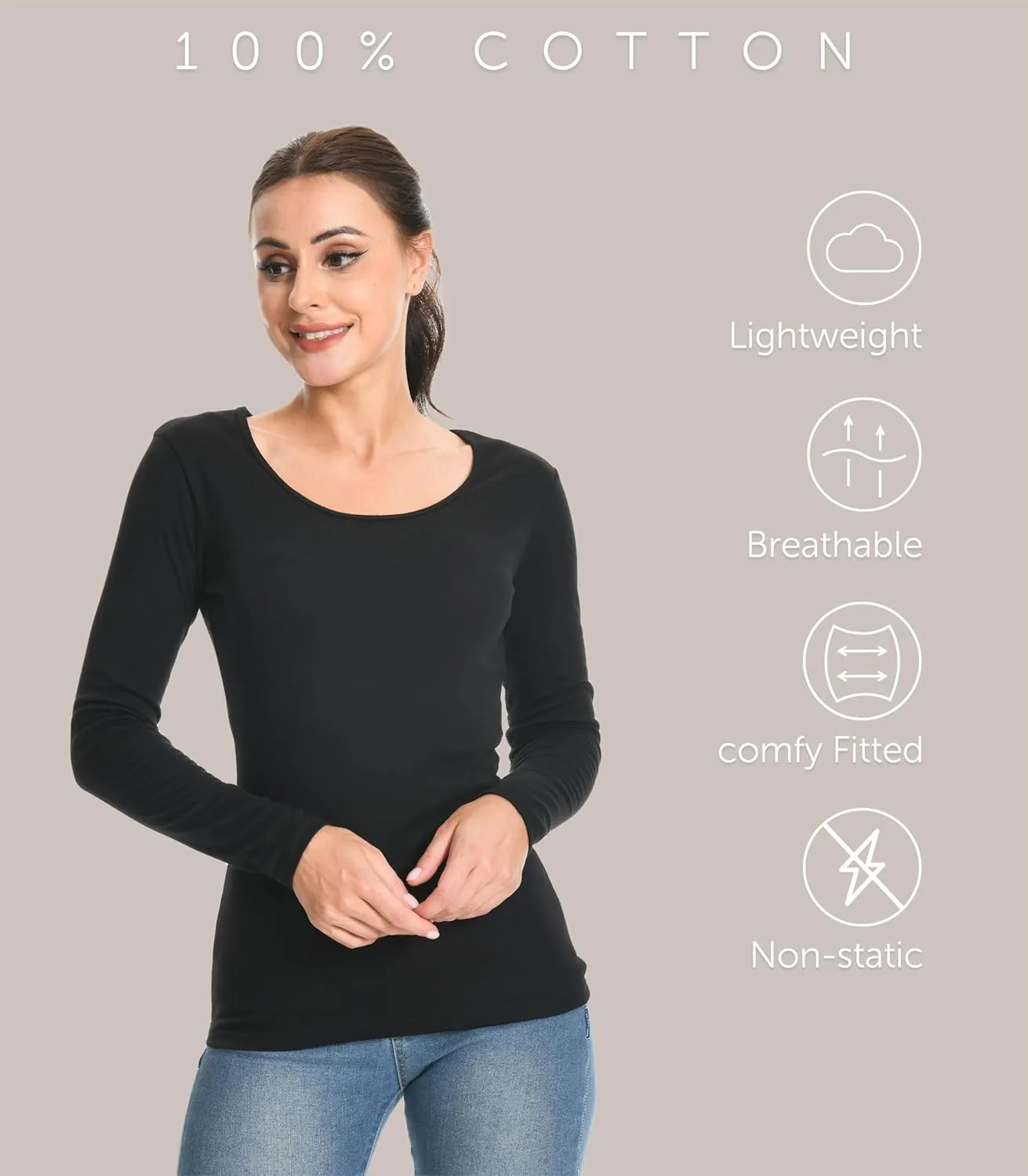 Comfneat Womens 2-Pack Pure Cotton Undershirts Long Sleeves Fitted Scoop Neck Tops Light Thermal Baselayers