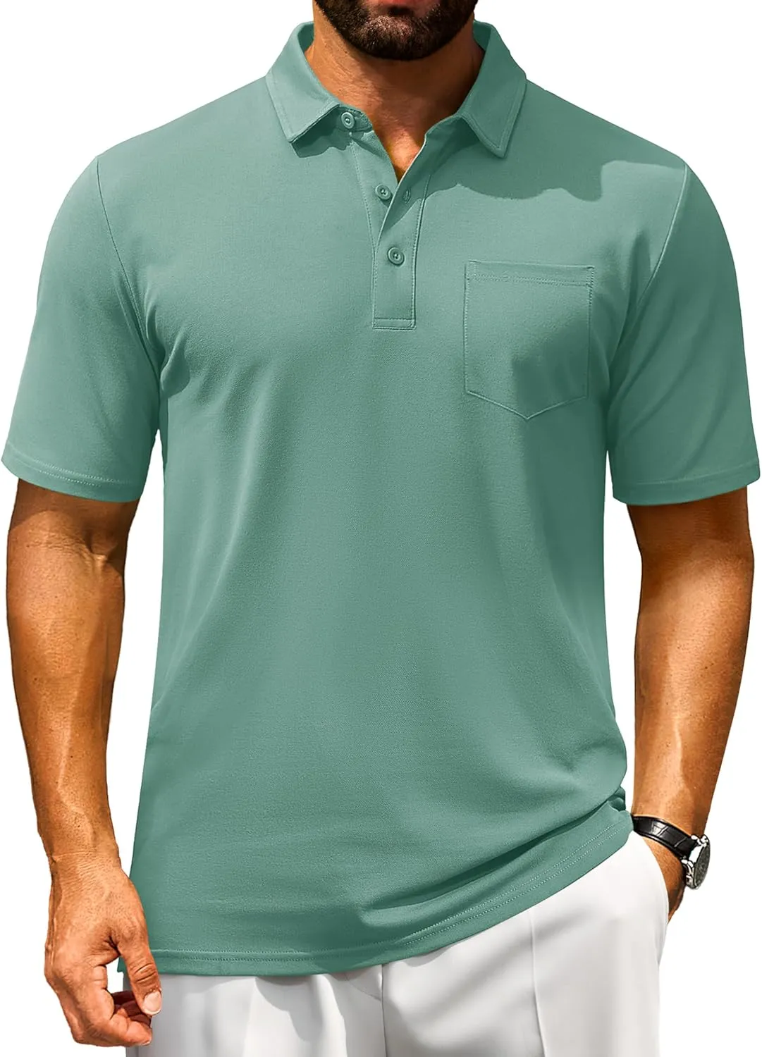 Cotrasen Polo Shirts for Men Cotton Pique Short Sleeve Pique Golf Shirts with Pocket Classic Casual Summer Collared T Shirt