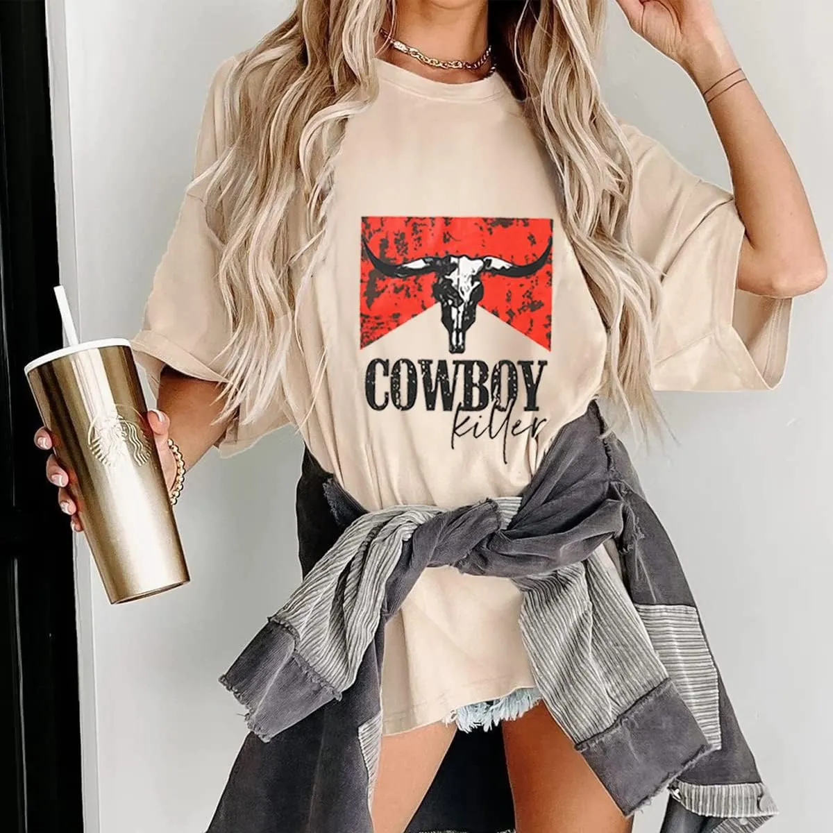 Cowboy Shirts for Women Western Vintage Rodeo T-Shirt Retro Bull Skull Graphic Tees Summer Casual Short Sleeve Tops