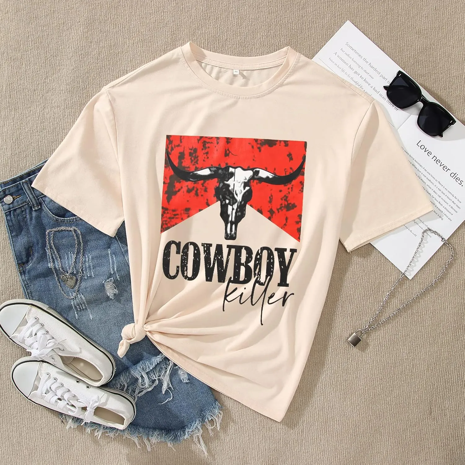 Cowboy Shirts for Women Western Vintage Rodeo T-Shirt Retro Bull Skull Graphic Tees Summer Casual Short Sleeve Tops