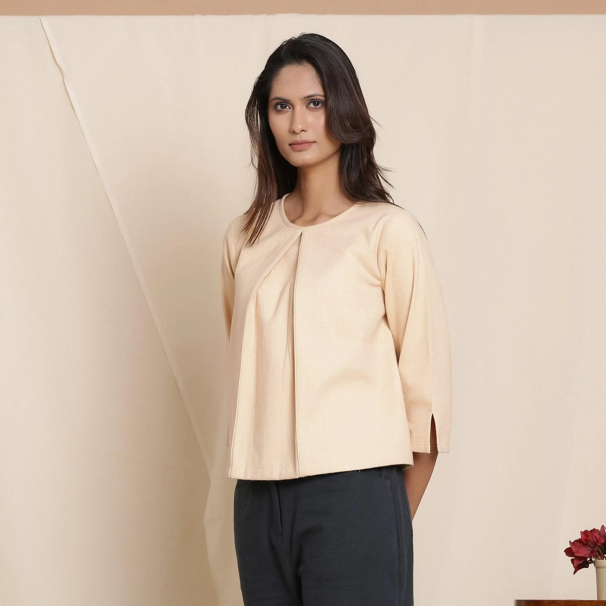 Dusk Beige Warm Cotton Flannel Box-Pleat Top