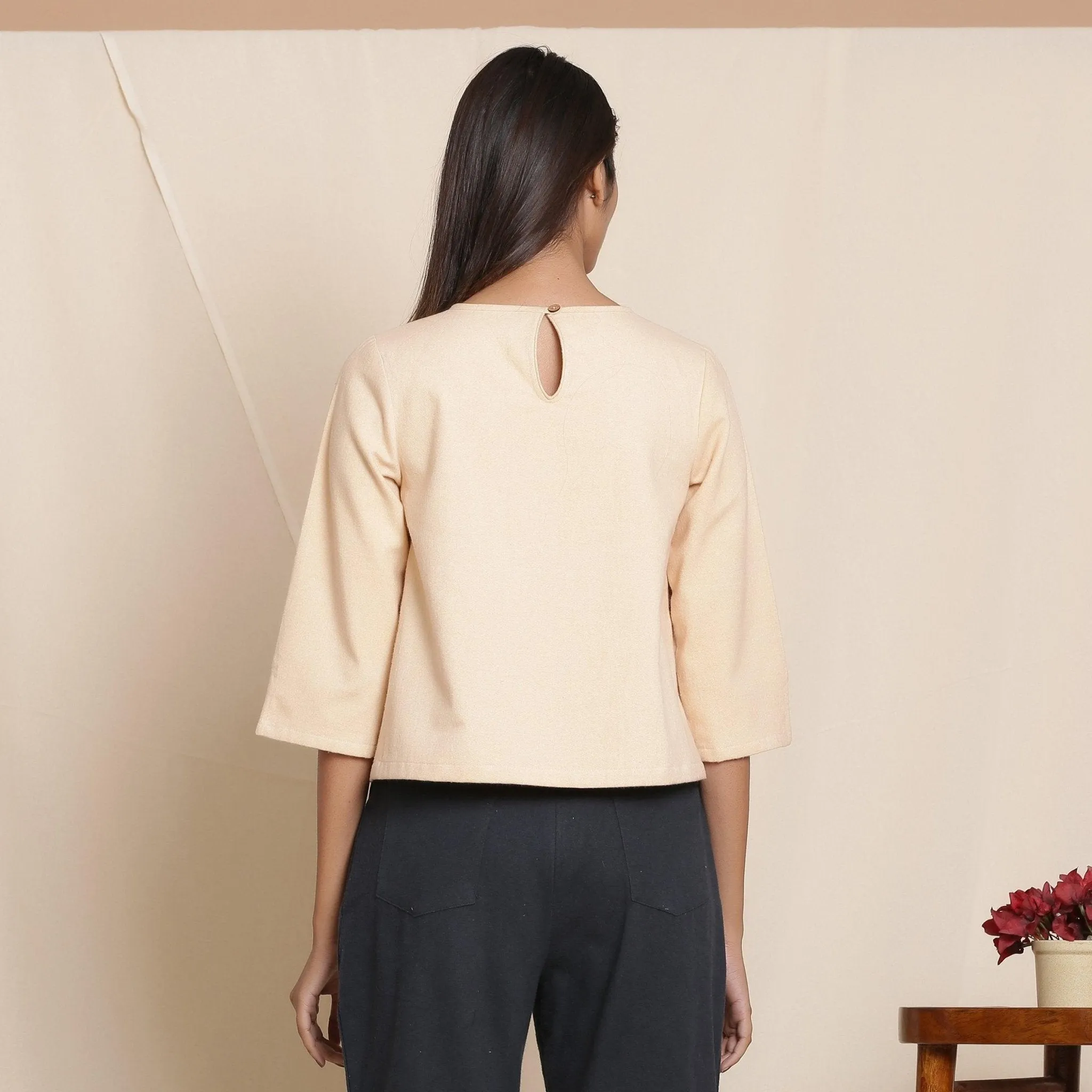 Dusk Beige Warm Cotton Flannel Box-Pleat Top