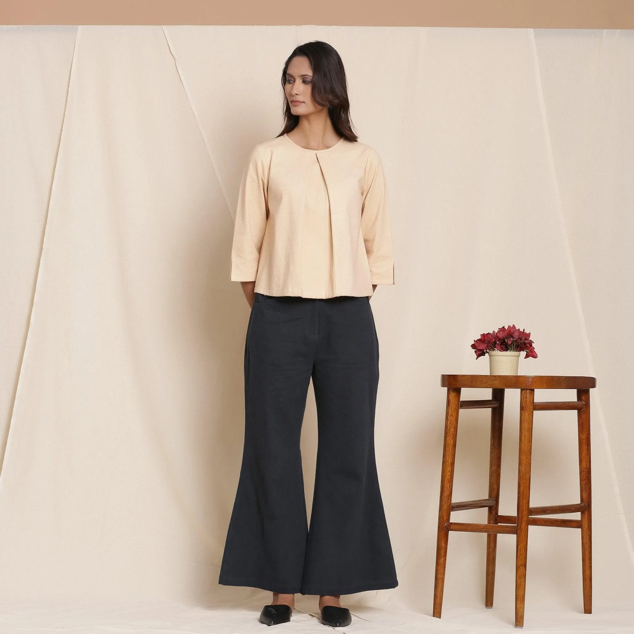 Dusk Beige Warm Cotton Flannel Box-Pleat Top