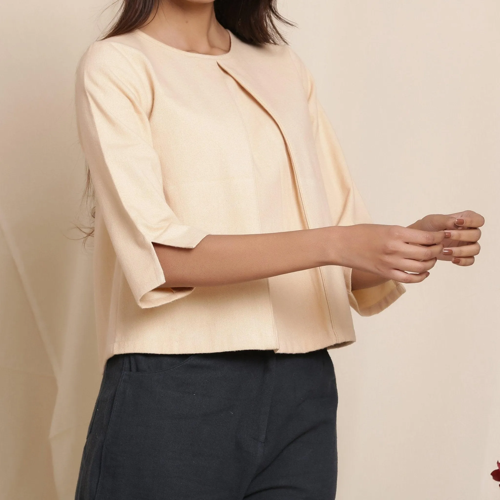 Dusk Beige Warm Cotton Flannel Box-Pleat Top