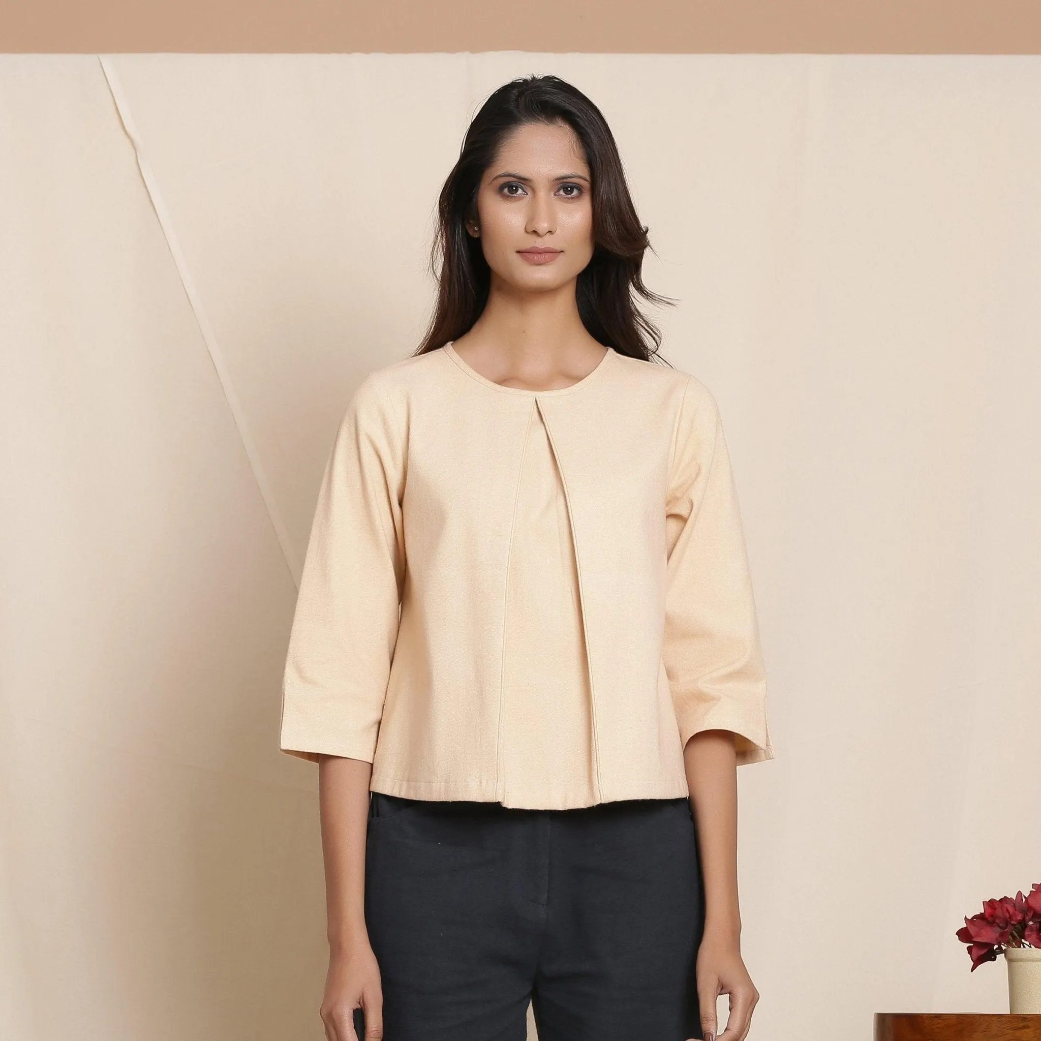 Dusk Beige Warm Cotton Flannel Box-Pleat Top