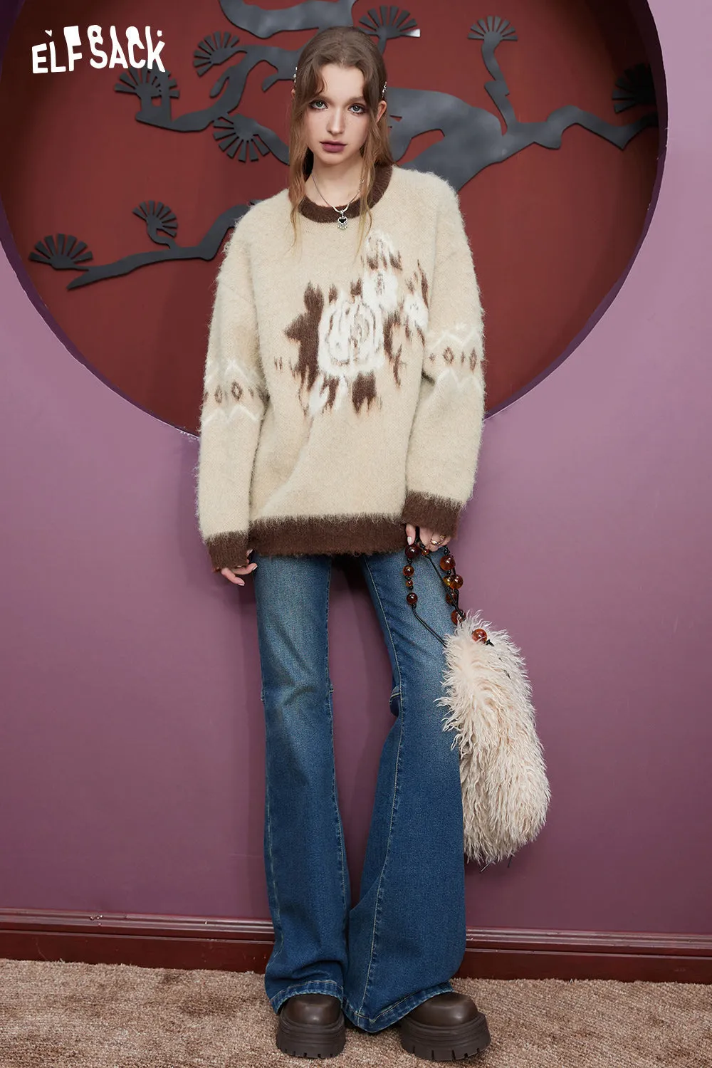 ELFSACK Free Necklace Mohair Sweaters Women 2023 Winter Warm Basic Daily Tops